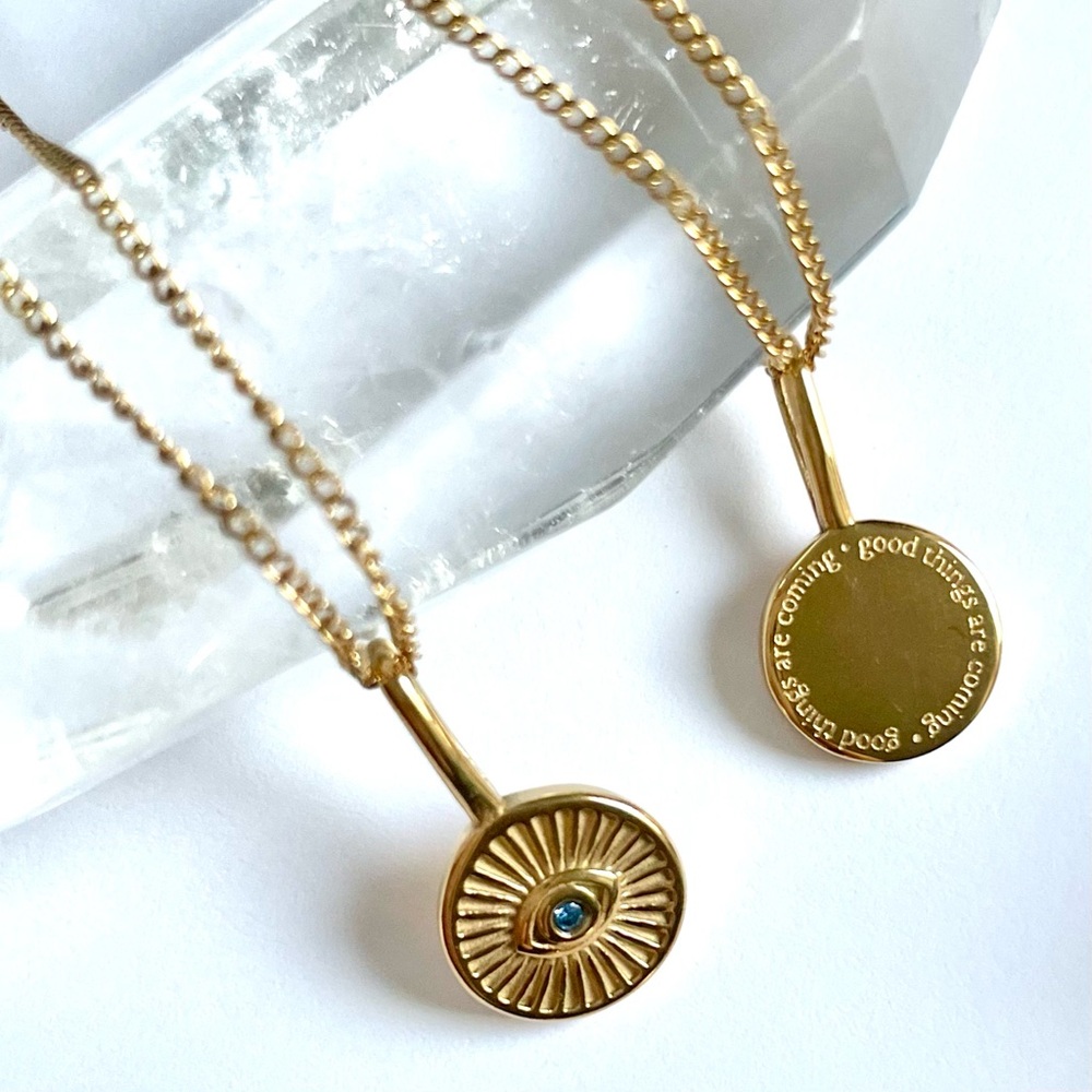 Gold Namaste Evil Eye Necklace, “good things are coming”